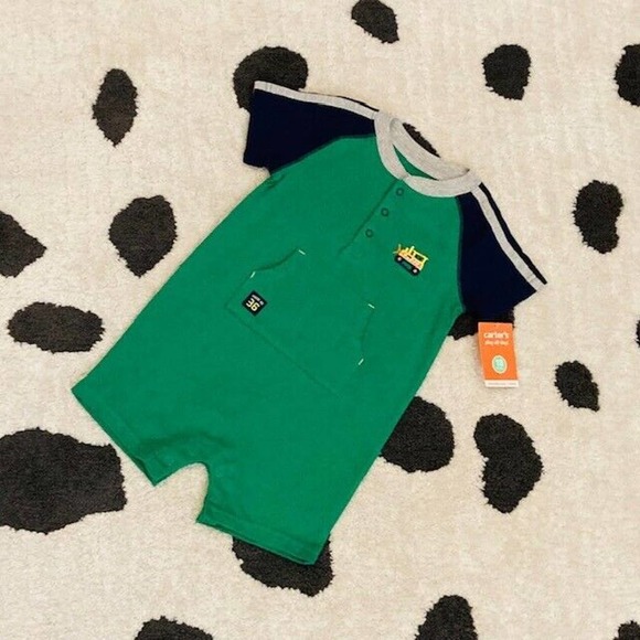 NWT Carter's Boy 18 Months Green Blue Tractor Sports Romper One Piece Playsuit - Picture 1 of 10